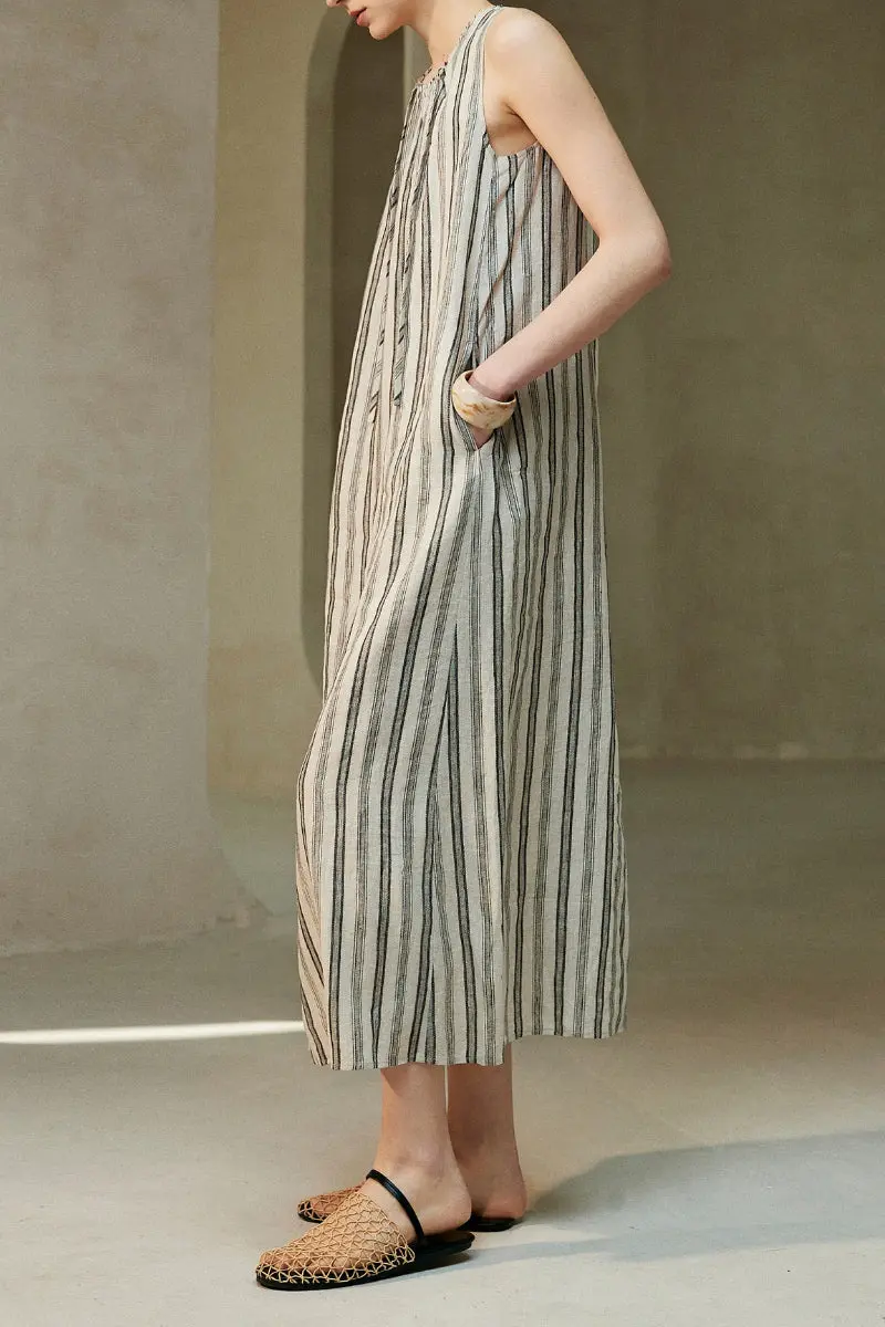 100 French Linen Striped Sleeveless Maxi Dress - HBQMJX