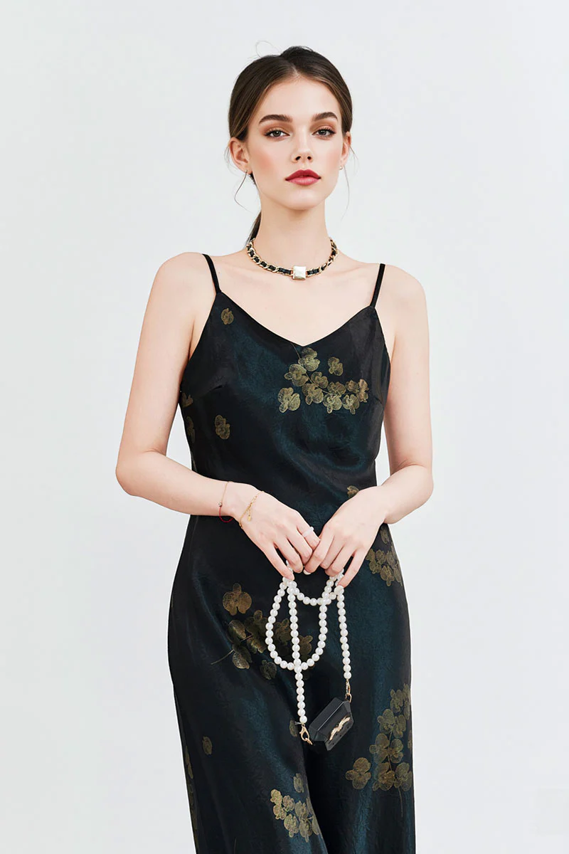 Satin Floral V-Neck Maxi Slip Dress - HBQMJX
