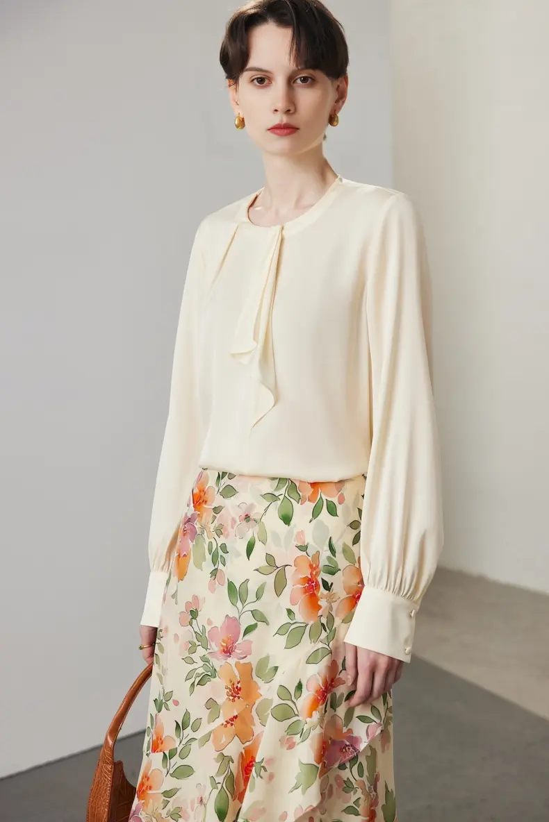 Asymmetric Silk Ruffled Floral Midi Skirt - HBQMJX