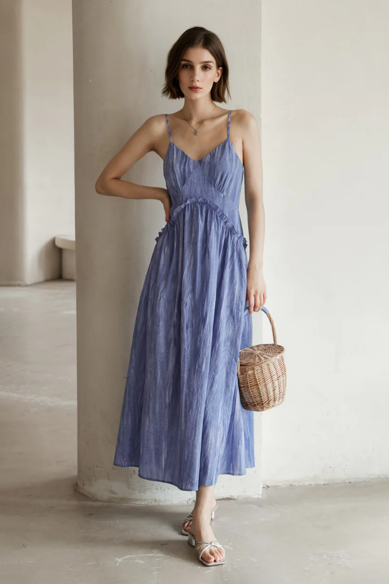 Blue Tie-Dye Spaghetti-Strap Midi Dress - HBQMJX