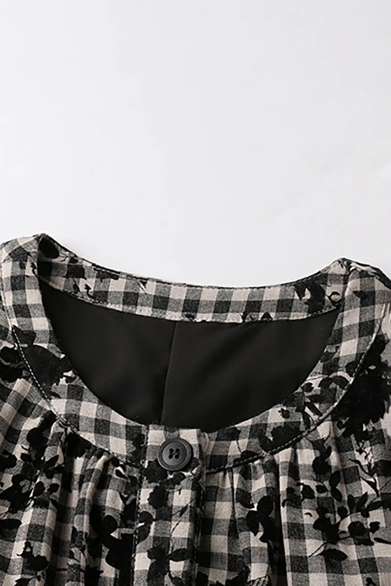 Tiered Long-Sleeve Button-Down A-Line Gingham Midi Dress - HBQMJX