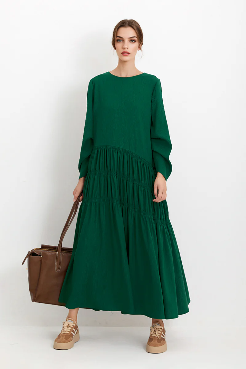 Forest Green Long-Sleeve Maxi Dress - HBQMJX