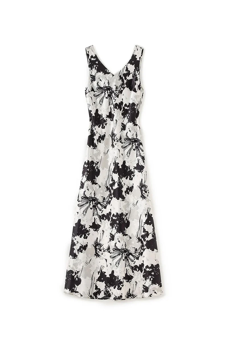 Floral Sleeveless V-Neck Satin Midi Dress - HBQMJX