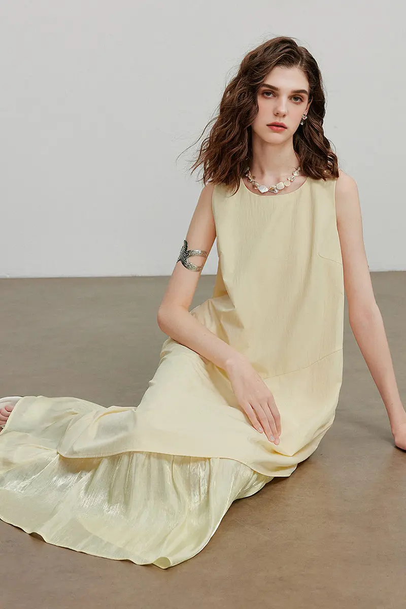 Yellow Flowy Asymmetrical Sleeveless Trapeze Midi Dress - HBQMJX