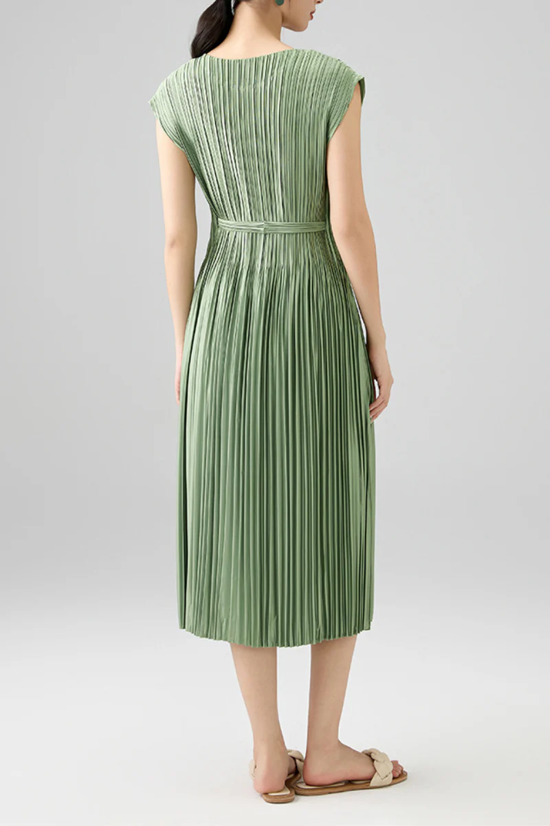 Designer Inspired Pleated Cap-Sleeve Dress with Belt - HBQMJX