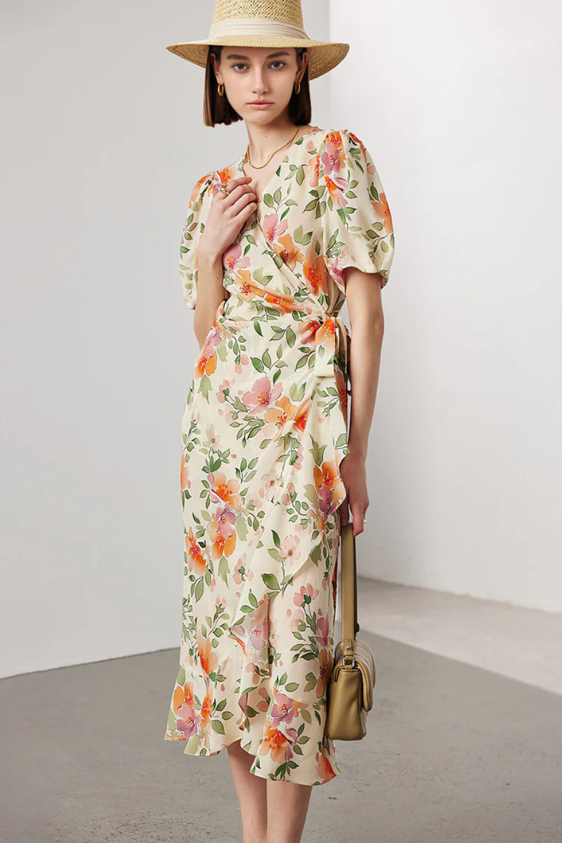 100 Mulberry Silk Floral Puff-Sleeve V-Neck Ruffle Wrap Midi Dress - HBQMJX