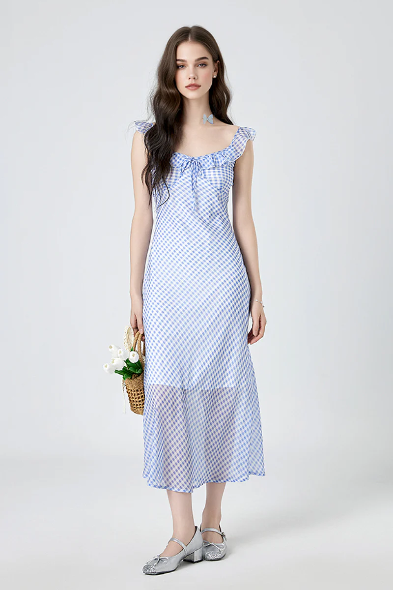 Picnic Gingham Tie-Front Ruffle-Neck Midi Dress - HBQMJX