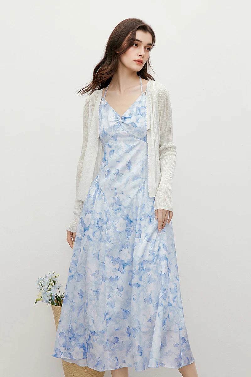 Blue Floral V-Neck Spaghetti-Strap Midi Dress - HBQMJX