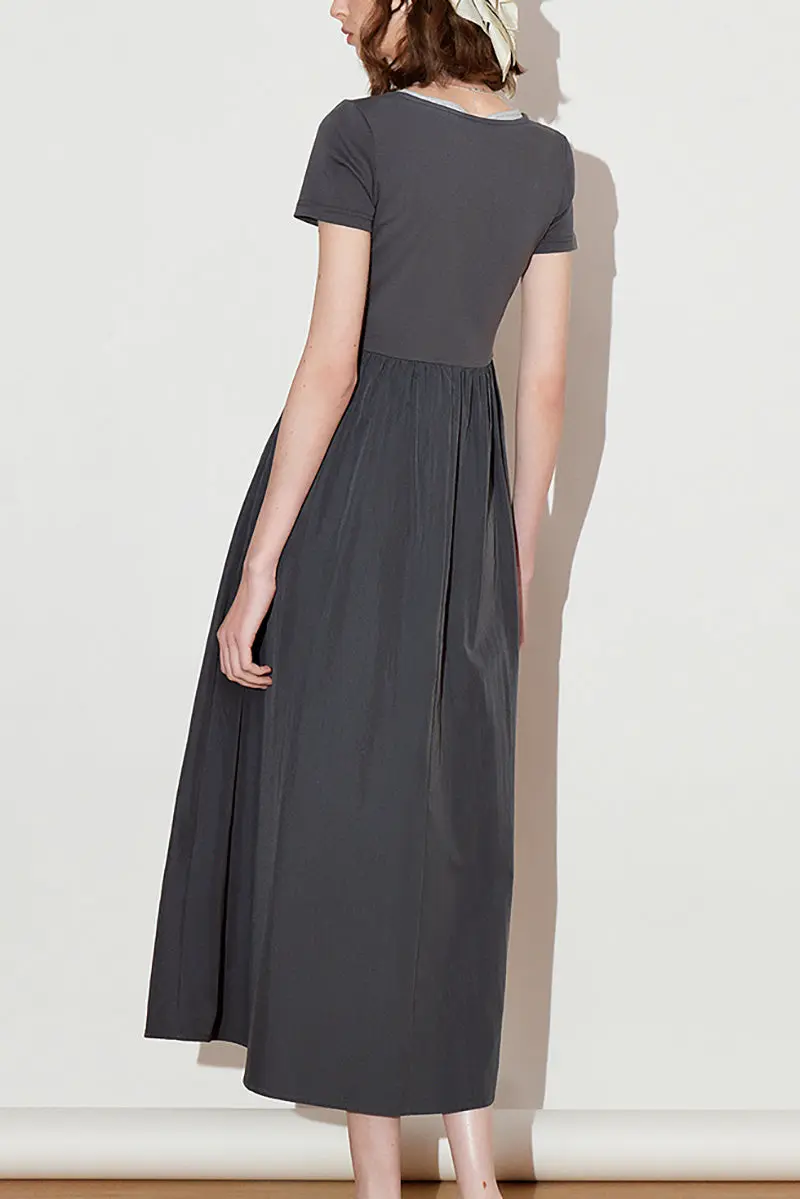 Cotton Short-Sleeve Mixed-Media Fit & Flare Midi Dress - HBQMJX