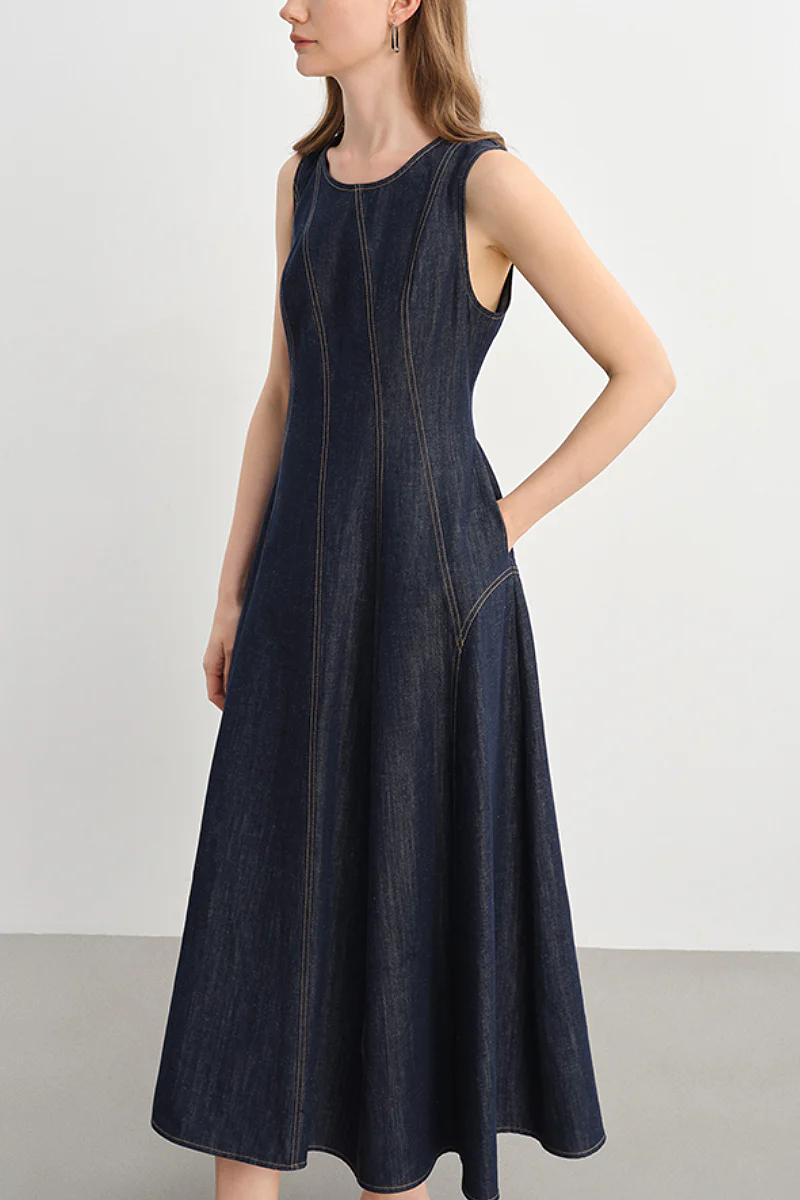 Denim Sleeveless A-Line Midi Dress - HBQMJX