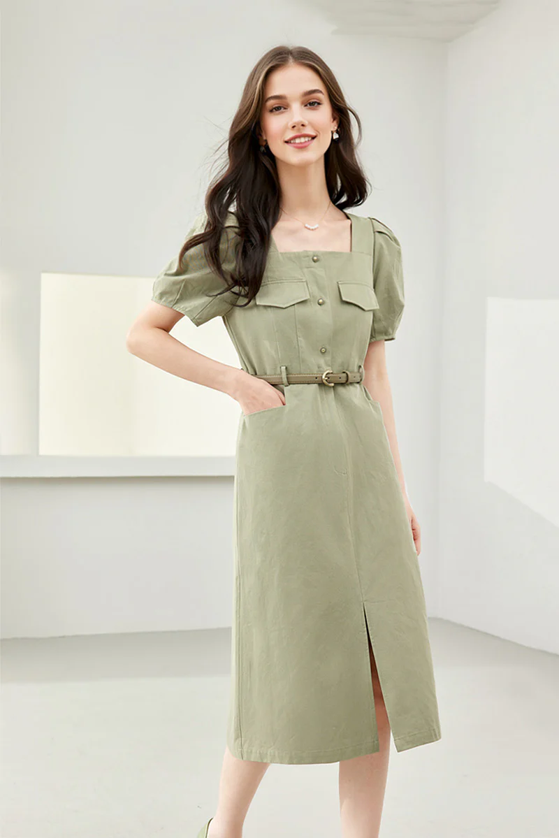 Sage Green Cargo Square-Neck Belted Midi Dress - HBQMJX
