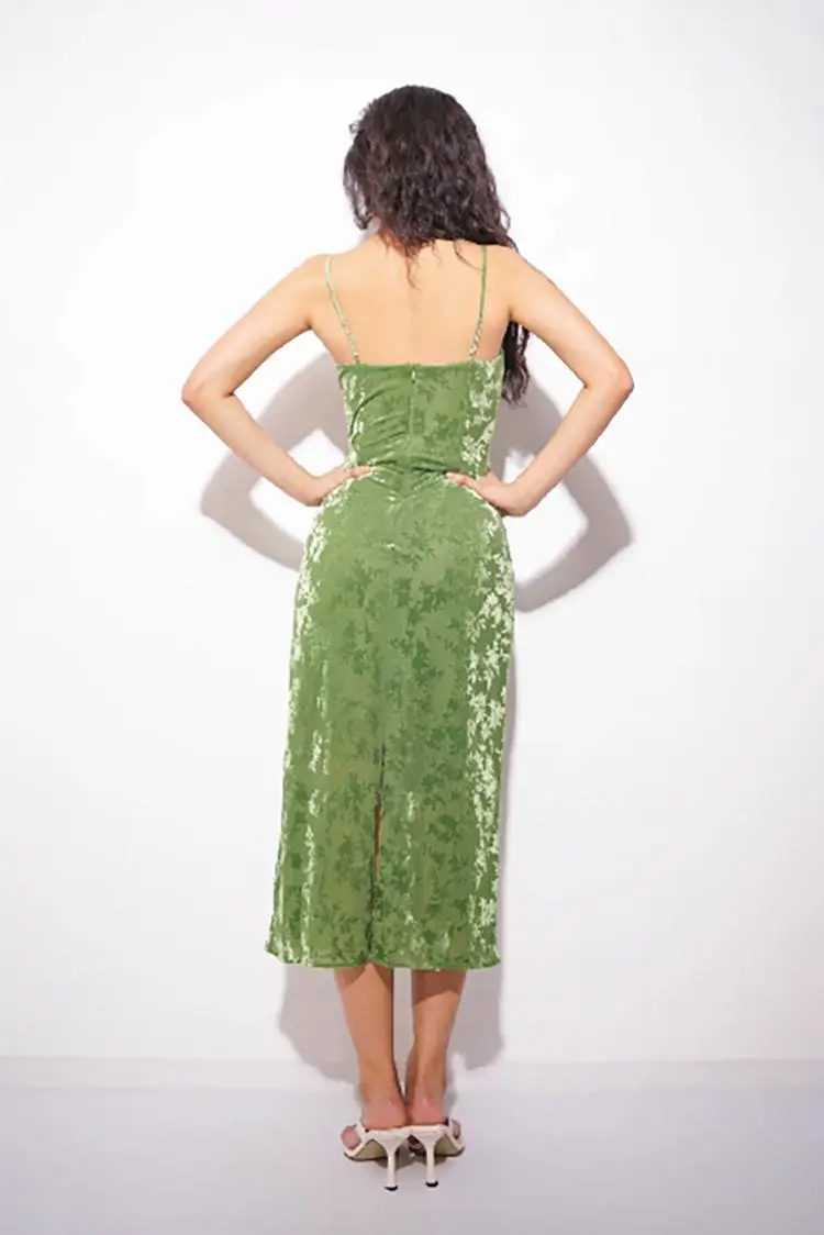 Green Velvet Floral Ruched Slip Midi Dress - HBQMJX