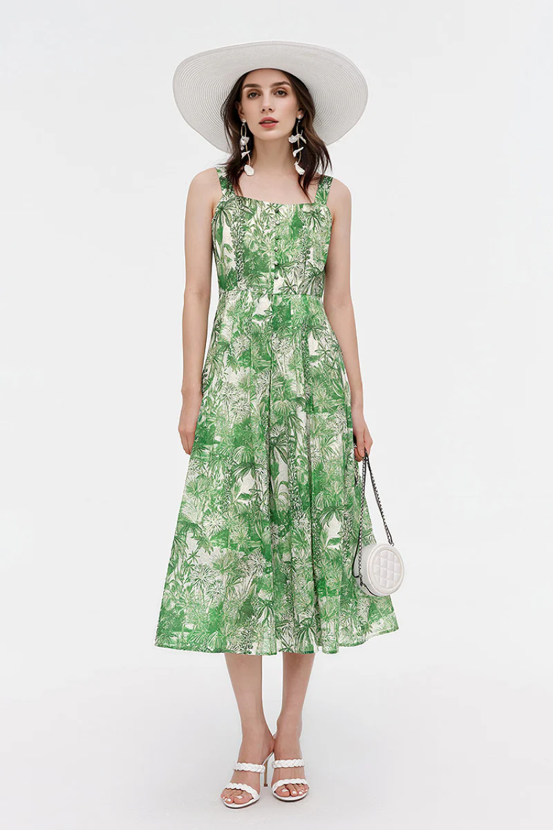 Green Floral Square-Neck Sleeveless Midi Dress - HBQMJX