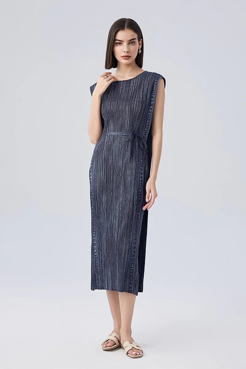 Designer Inspired Pleated Sleeveless Midi Dress - HBQMJX