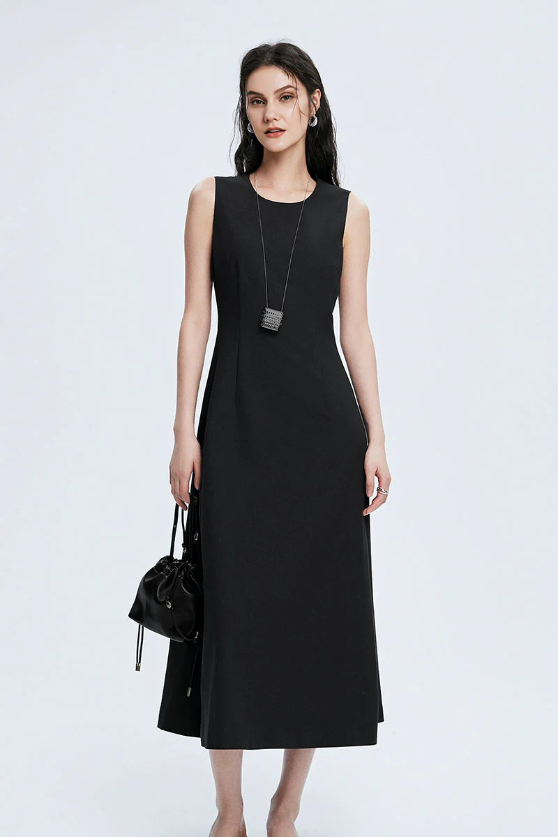 Black Crew-Neck A-Line Tank Midi Dress - HBQMJX