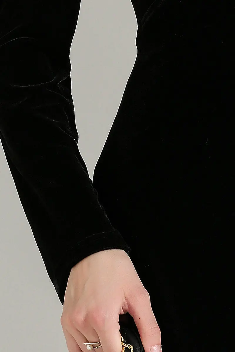 Black V Neck Long Sleeve Velvet Midi Dress with Ruched Waist - HBQMJX
