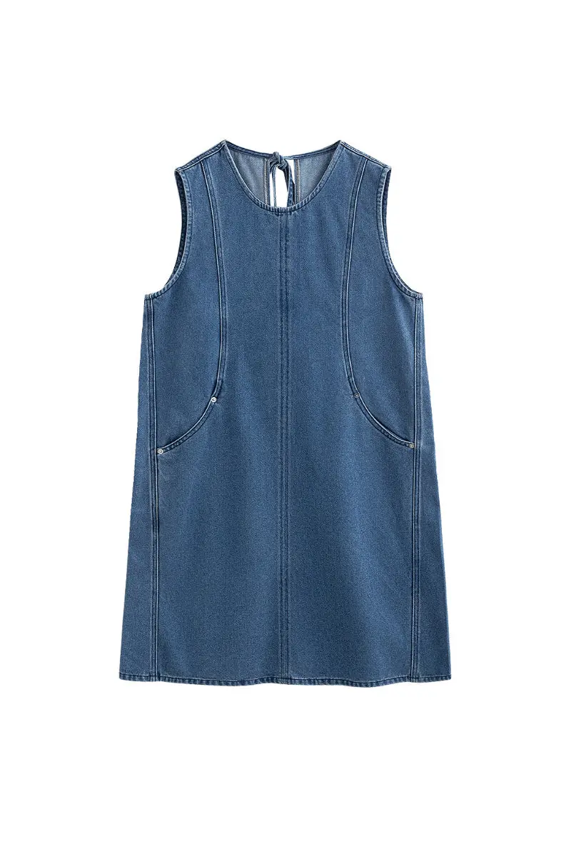 Denim Sleeveless Shift Midi Dress with Pockets - HBQMJX