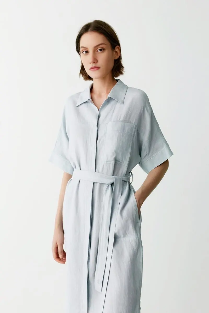 100% Linen Midi Shirt Dress With Belt - HBQMJX