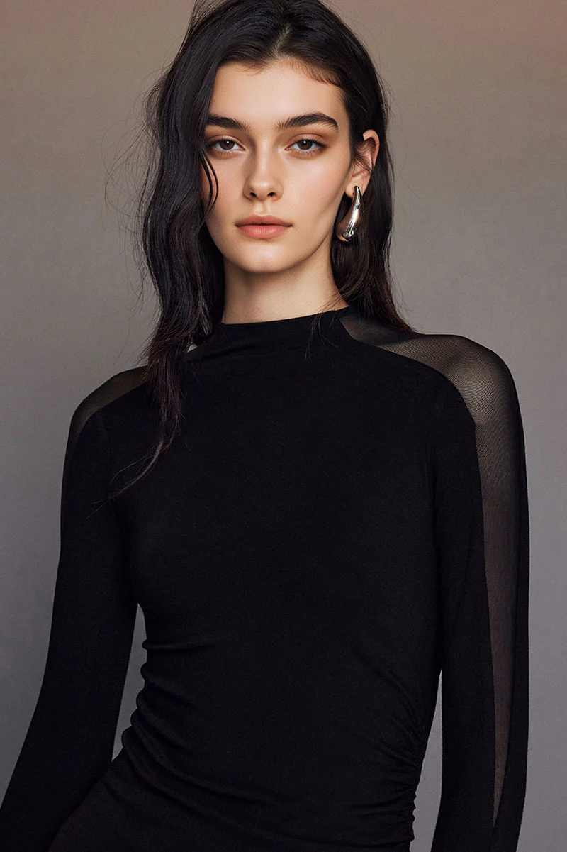 Black Bodycon Maxi Dress with Mesh Sleeve - HBQMJX