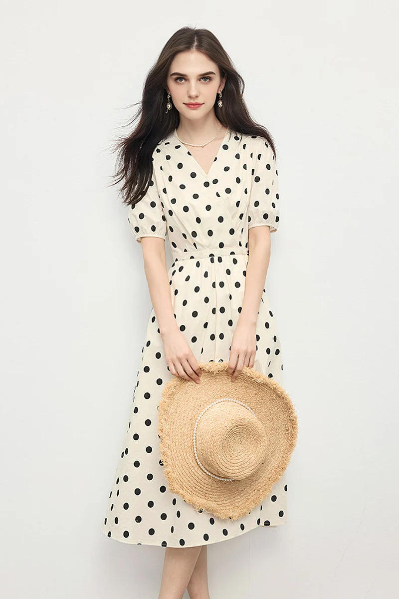 French-Inspired Polka-Dot Midi Dress - HBQMJX