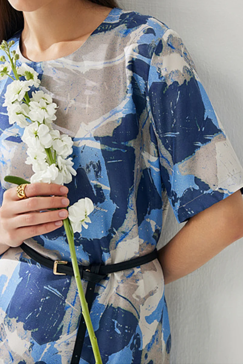 100% Silk Floral Midi Shift Dress with Pockets in Blue - HBQMJX