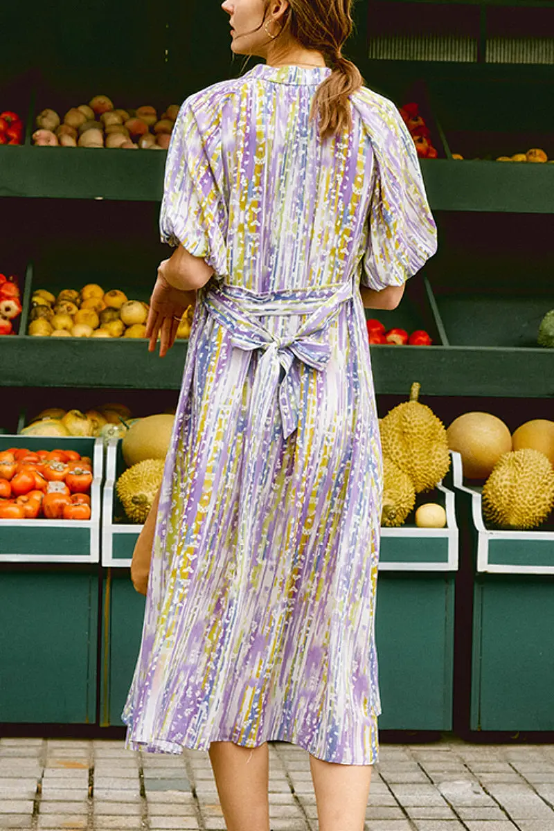 Purple Silk Double Crepe Abstract-Print Midi Dress - HBQMJX