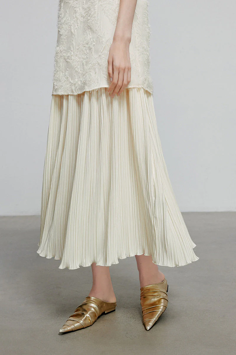 White Pleated Frayed Jacquard Mixed-Media Midi Dress - HBQMJX