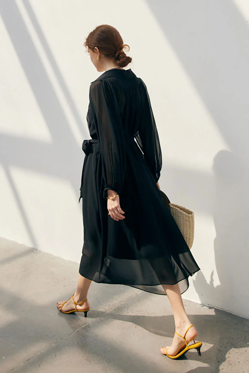 100 Mulberry Silk Flowy Sheer Balloon-Sleeve V-Neck Collared Midi Dress with Belt - HBQMJX