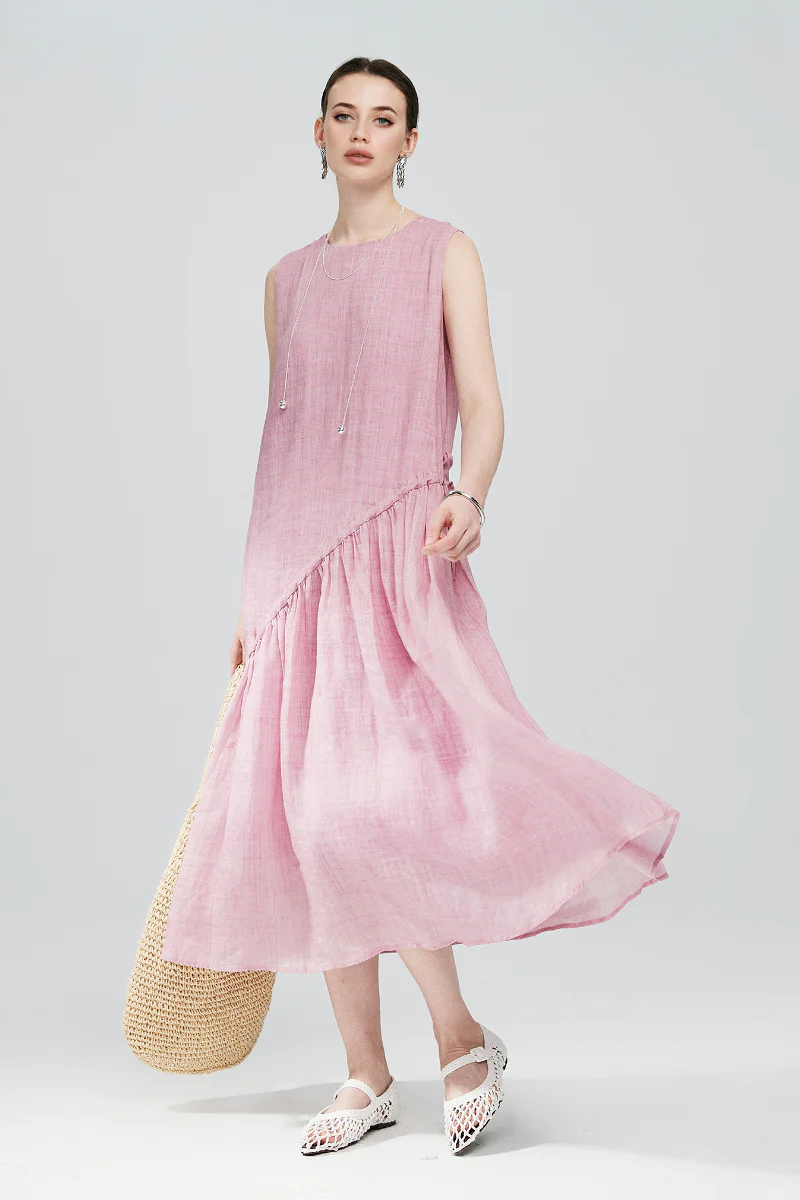 Pink Cotton-Linen Tiered Swing Beach Tank Midi Dress - HBQMJX