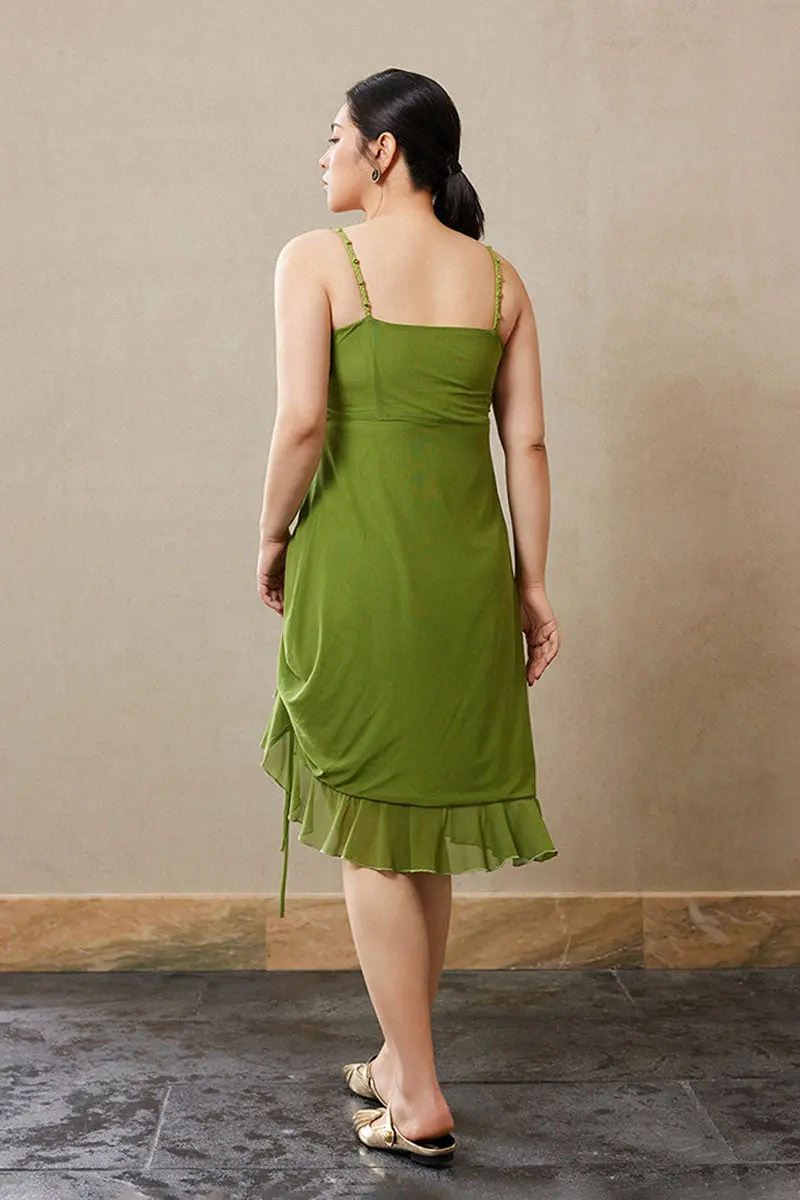 Ruched Mesh Drawstring Midi Dress in Olive Green - HBQMJX