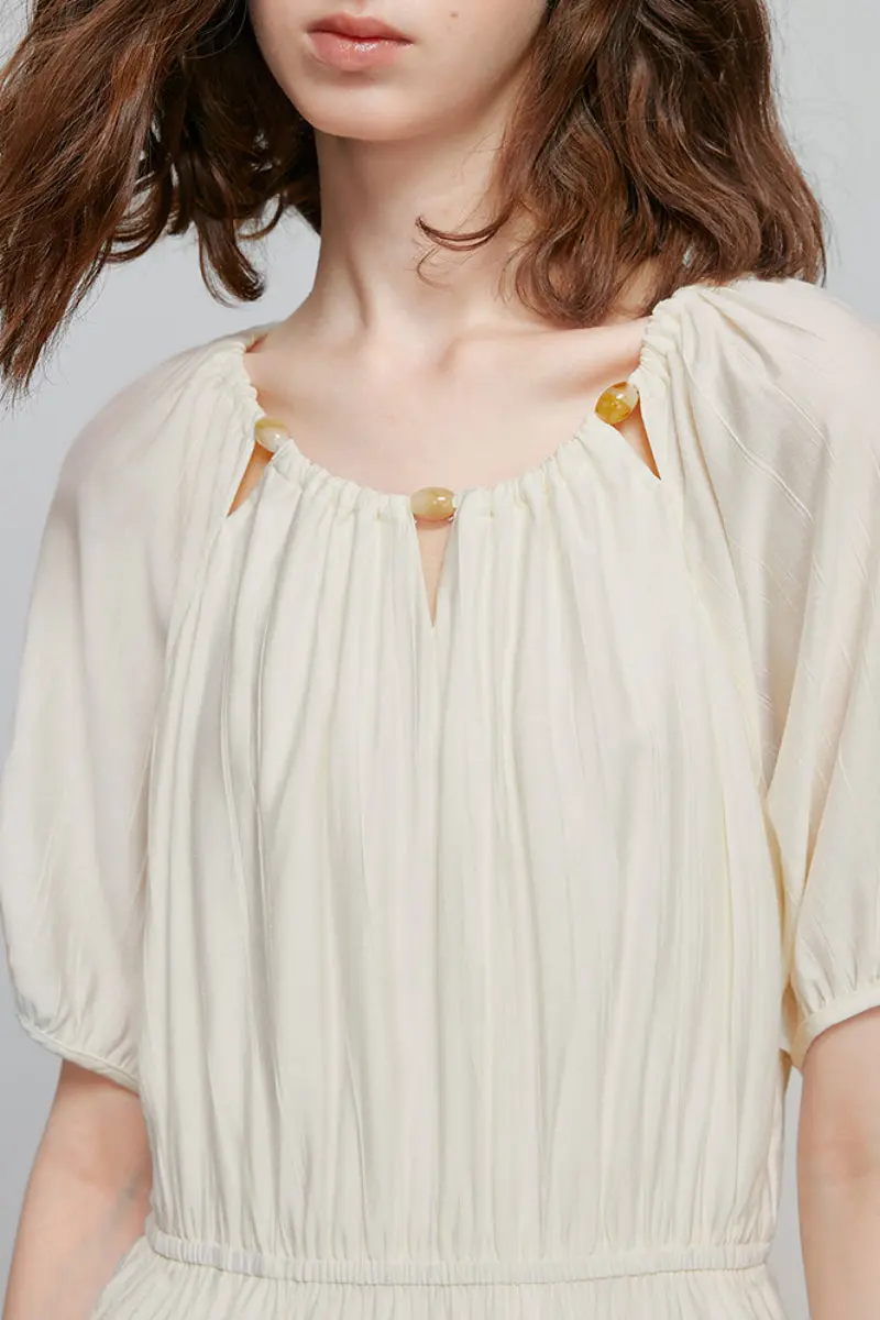 White Textured Vacation Midi Dress with Beaded Neckline - HBQMJX