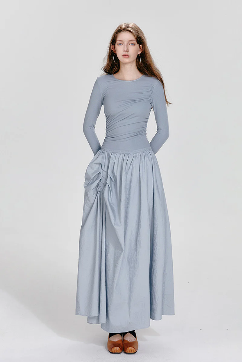 Blue Long-Sleeve Ruched Fit & Flare Maxi Dress - HBQMJX