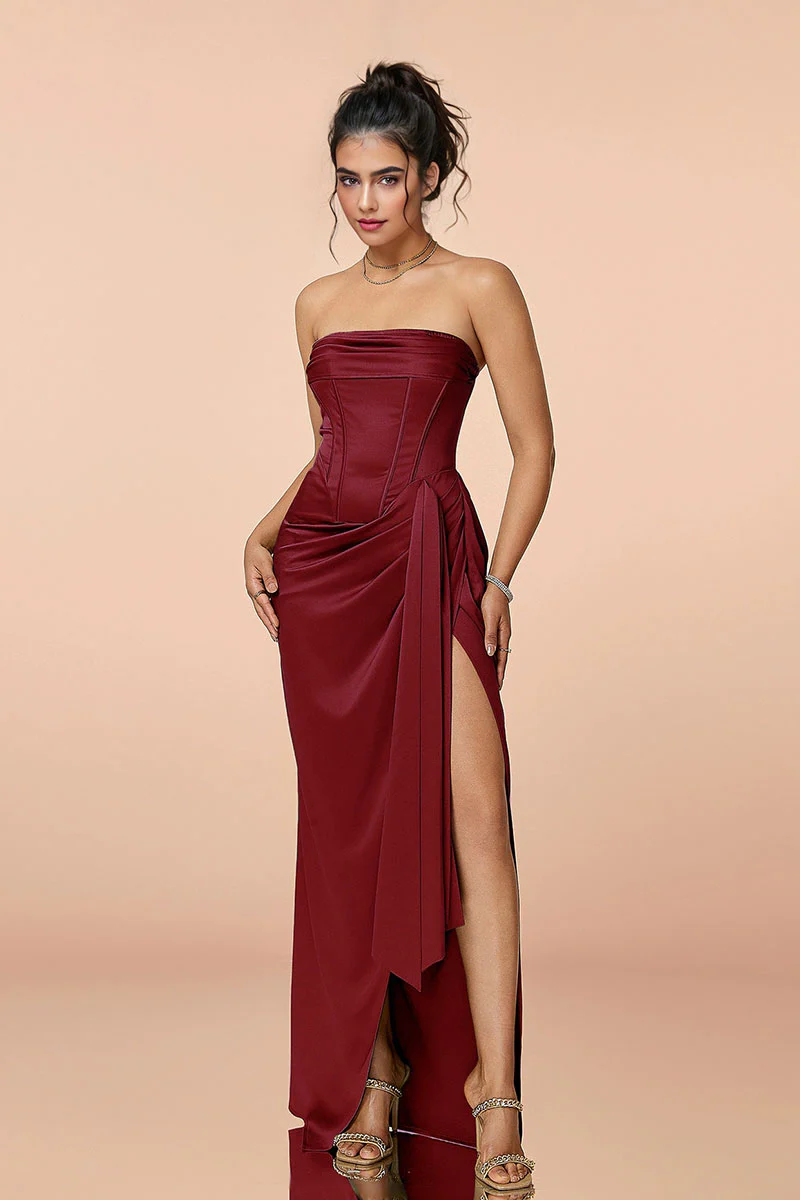 Satin Strapless Corset Bodycon Maxi Dress with High Slit - HBQMJX
