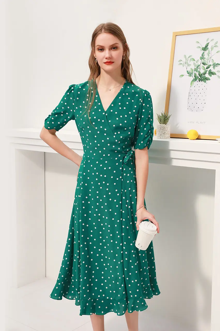 V-Neck Polka Dot Silk Midi Dress - HBQMJX
