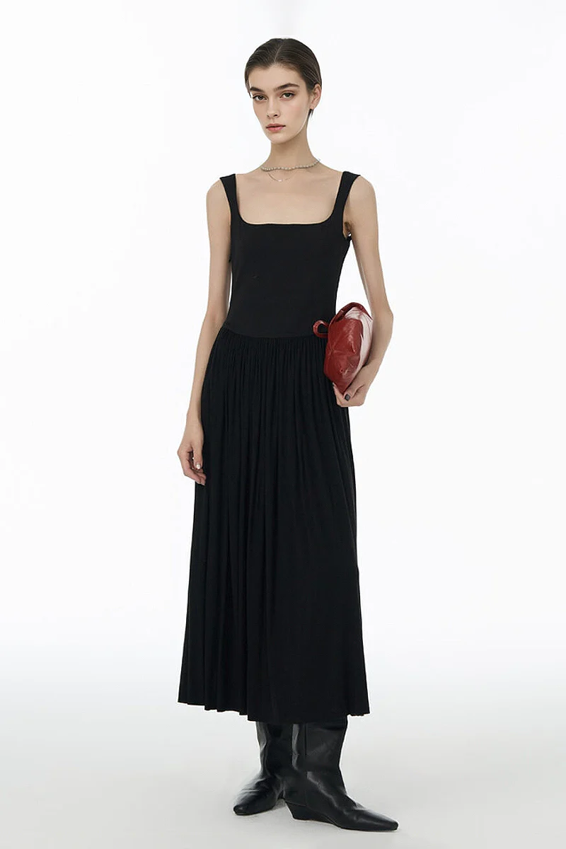 Black Sleeveless Pleated Square-Neck Tank Midi Dress - HBQMJX