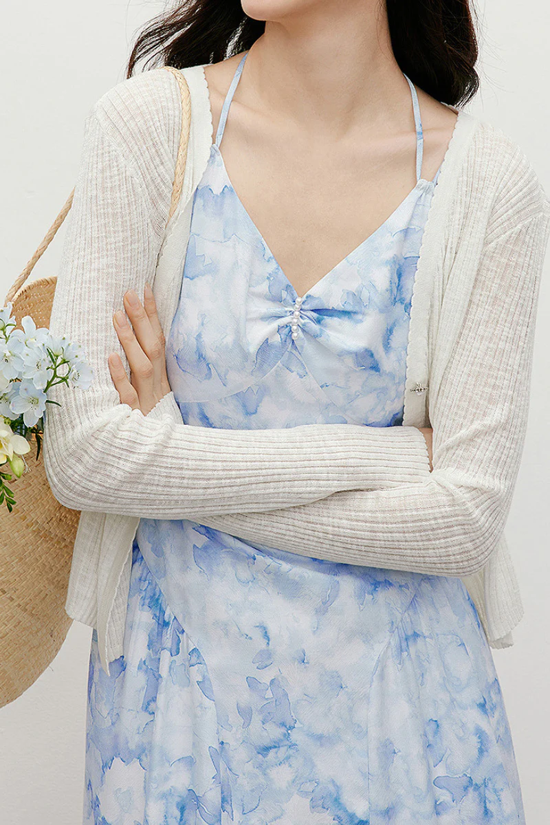 Blue Floral V-Neck Spaghetti-Strap Midi Dress - HBQMJX