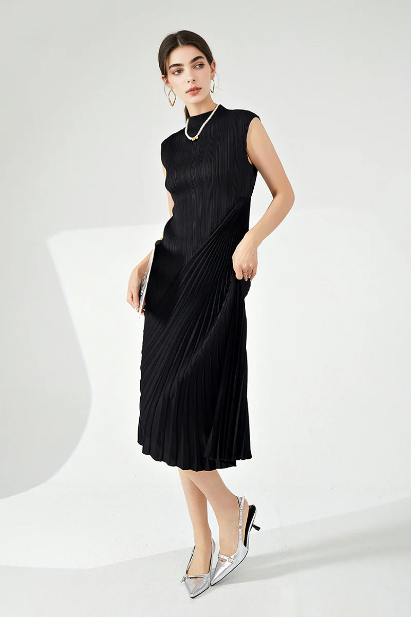 Designer Inspired Pleated Asymmetrical Sleeveless Midi Dress - HBQMJX