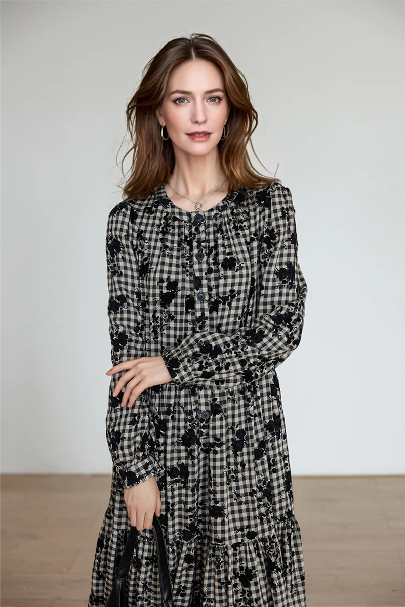 Tiered Long-Sleeve Button-Down A-Line Gingham Midi Dress - HBQMJX