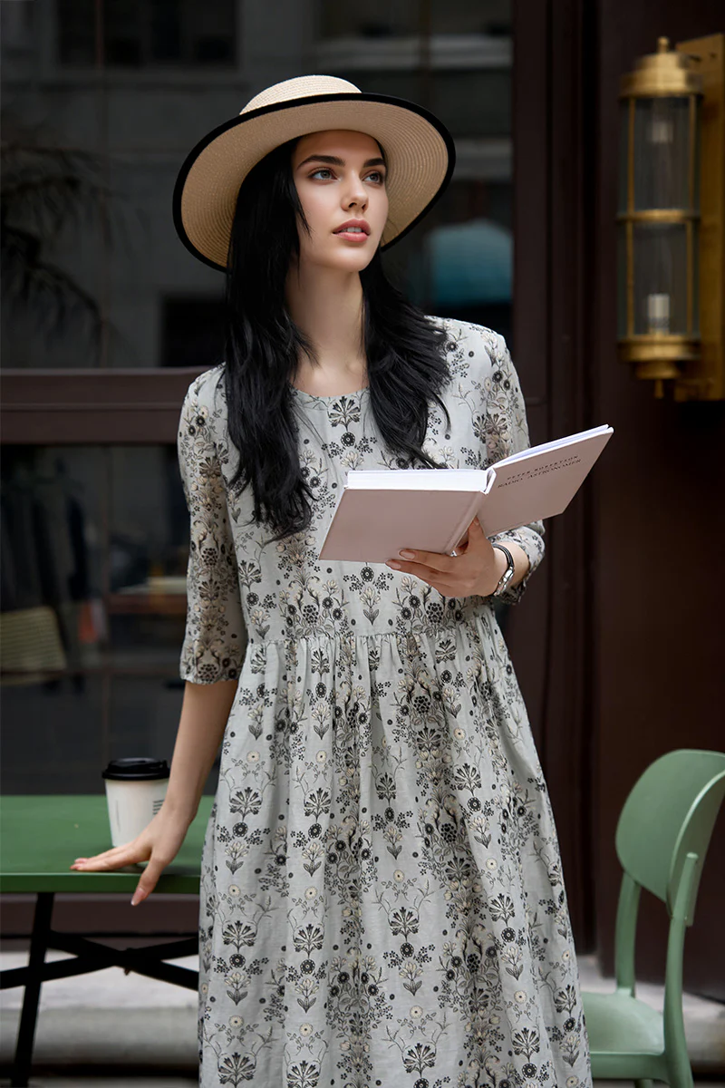 Floral Elbow-Sleeve Midi Dress in Linen-Silk Blend - HBQMJX