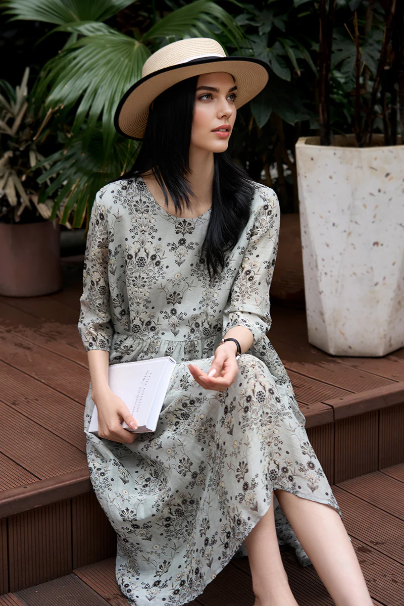Floral Elbow-Sleeve Midi Dress in Linen-Silk Blend - HBQMJX
