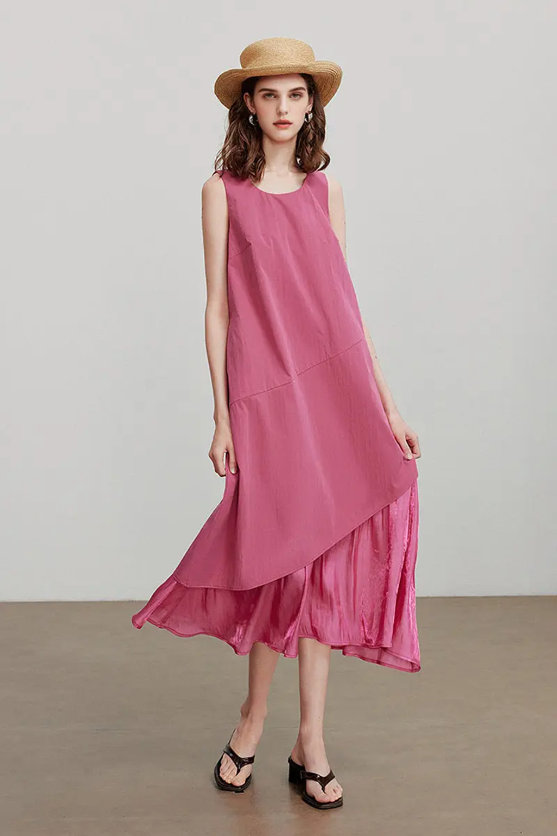 Pink Flowy Asymmetrical Sleeveless Trapeze Midi Dress - HBQMJX
