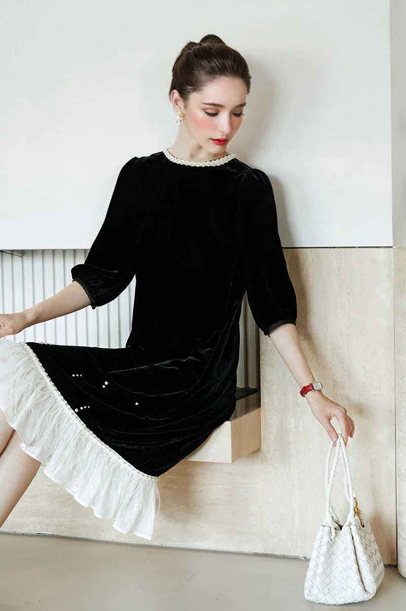 Ostrich-Feather Velvet Elbow-Sleeve Midi Dress with Pearl Trim - HBQMJX