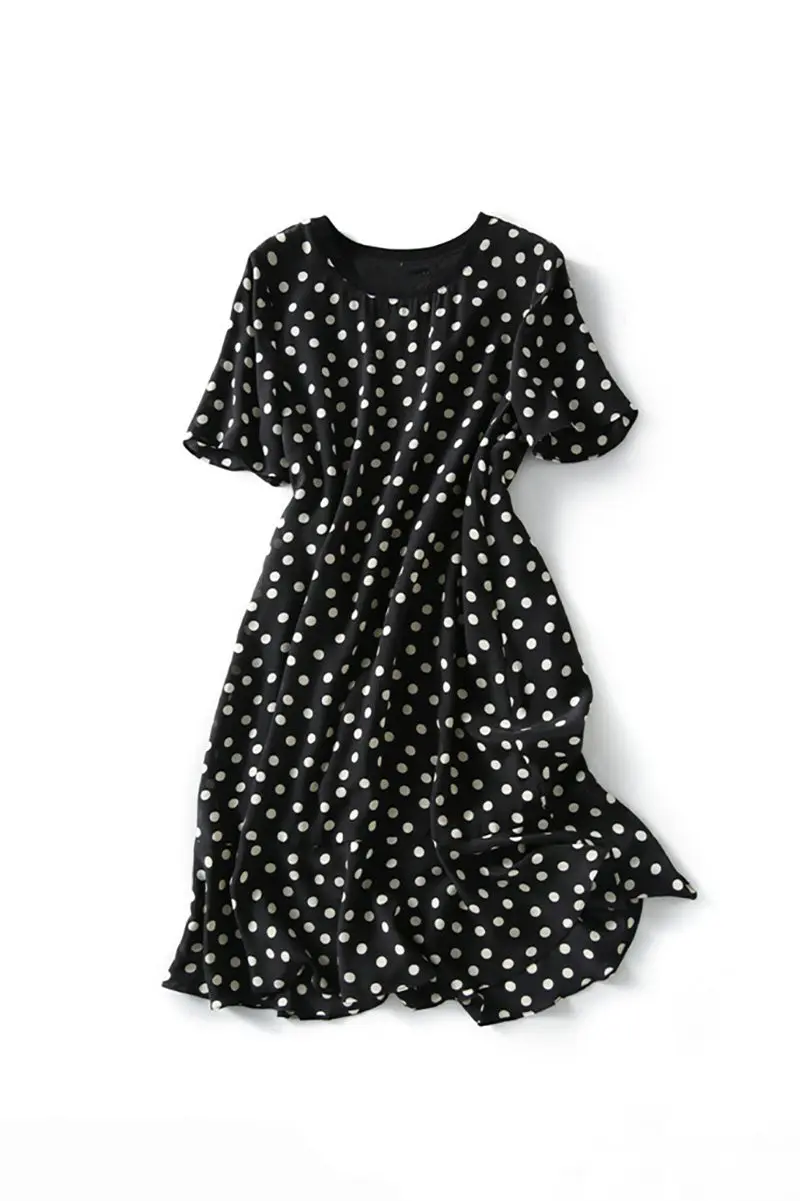 100 Mulberry Silk Black Polka-Dot Ruffle Midi Dress - HBQMJX