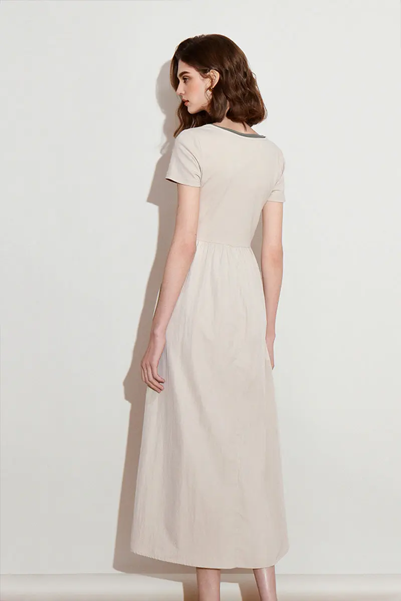 Cotton Short-Sleeve Mixed-Media Fit & Flare Midi Dress - HBQMJX