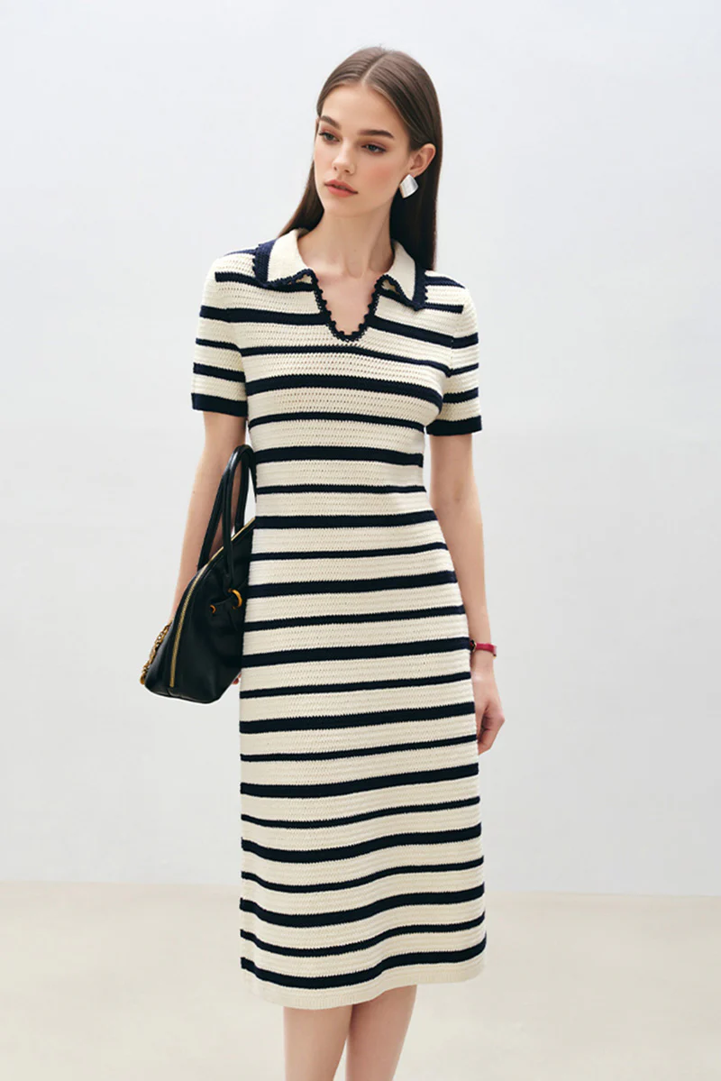 Crochet Black & White Striped Polo Midi Dress - HBQMJX