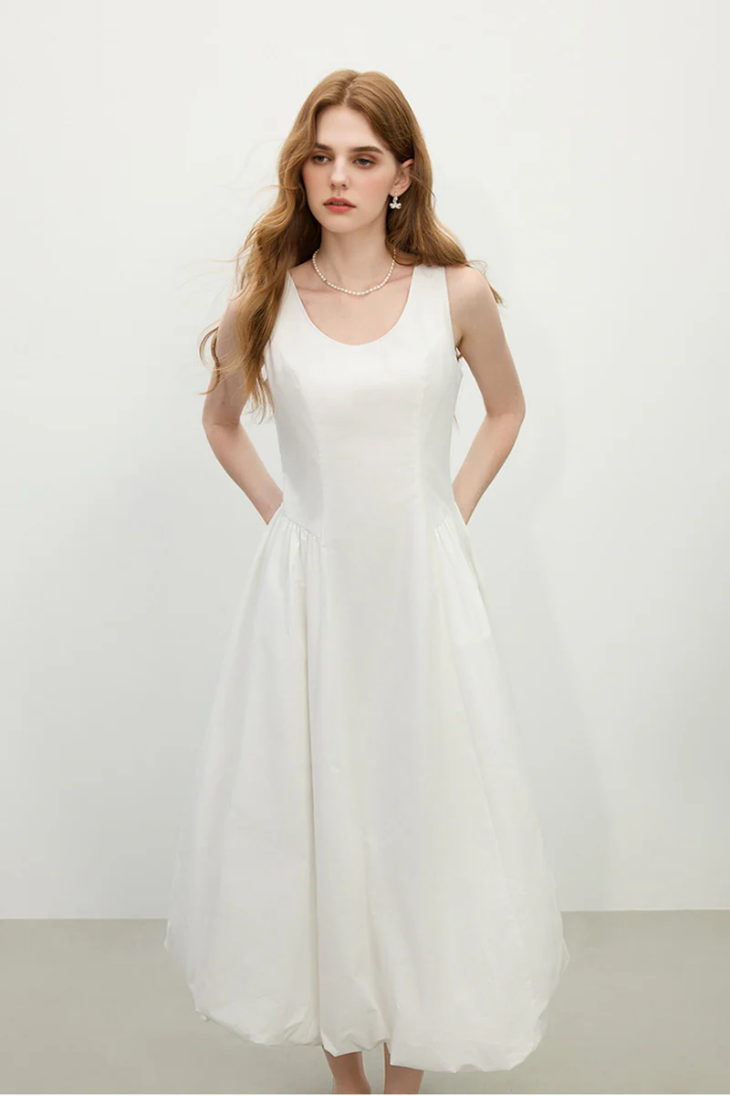 White 100 Cotton Sleeveless Scoop-Neck Bubble Midi Dress - HBQMJX