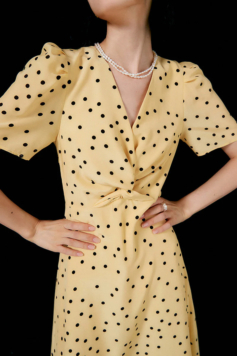 Yellow 100 Heavy Silk Crepe Polka Dot Midi Dress - HBQMJX