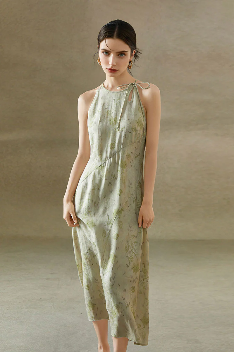 Sage Green Jacquard Halter Midi Dress with Shoulder Bow - HBQMJX