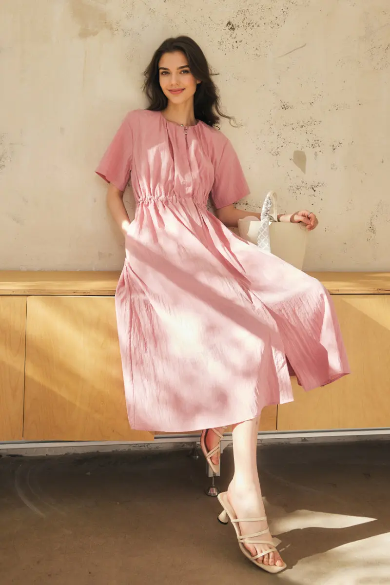 Summer Cinched Waist Midi Dress with Pockets - HBQMJX