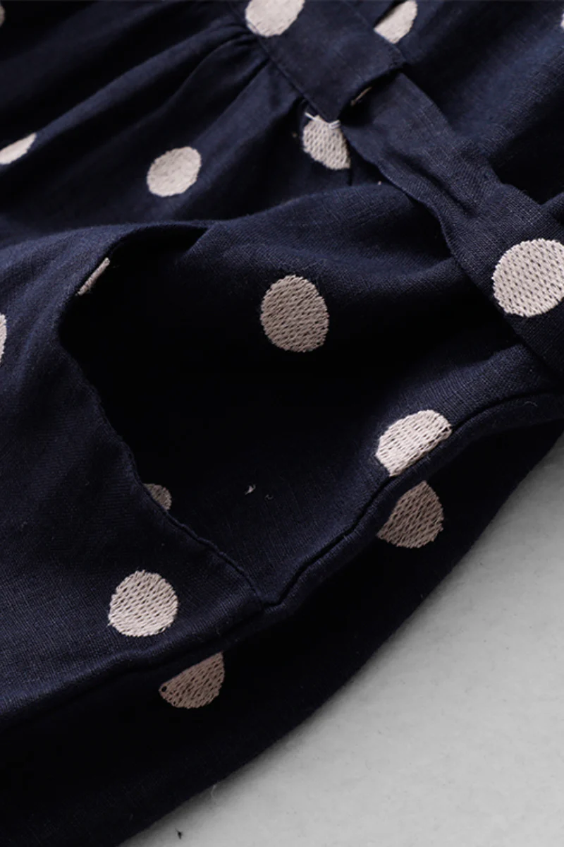 100% Ramie Polka Dot V-Neck Midi Dress - HBQMJX